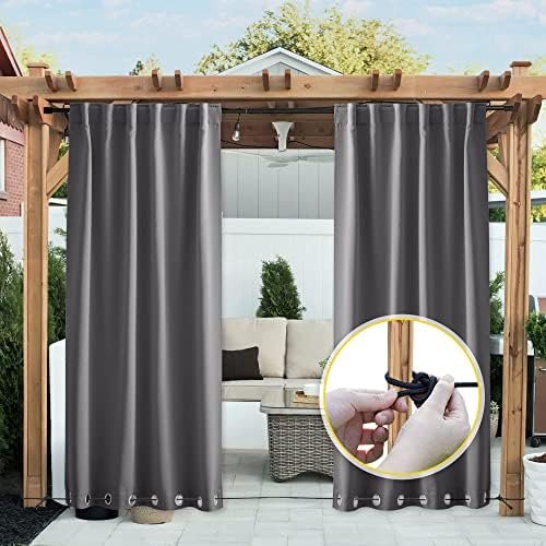 NICETOWN 2 Panels Weighted Blackout Curtains for Patio Waterproof, Grommet & Back Tab on Top & Bottom Windproof Blackout Outdoor Curtains for Porch with Bouns Rope for Fixed, Grey, W52 x L84 NICETOWN 2 Panels Weighted Blackout Curtains for Patio Waterproof, Grommet & Back Tab on Top & Bottom Windproof Blackout Outdoor Curtains for Porch with Bouns Rope for Fixed, Grey, W52 x L84
