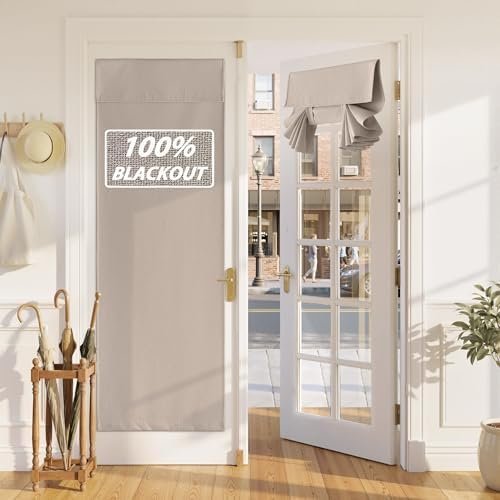 RYB HOME 100% Blackout Linen French Door Curtain – Home Decor No Drill Door Curtain for Front Window, Thermal Insulated Privacy Blinds with 2 Adhesive Tapes, W 26 x L 72, 1 Panel, Sand