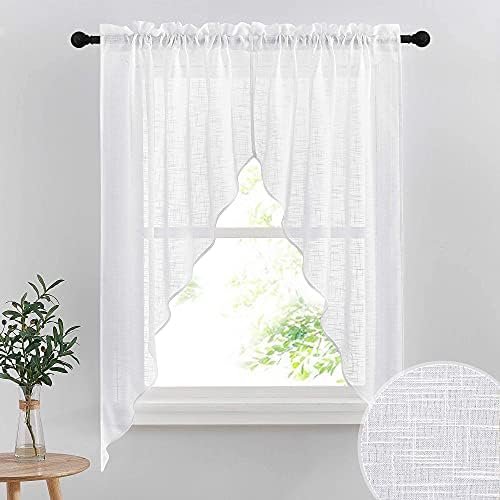 RYB HOME Semi Sheer Curtain Valance Window Topper, Textured Linen Sheer Kitchen Curtain Tier Swag Set, Privacy Half Window Valance for Bedroom Living Room Bathroom, W 36 x L 63, 2 Panels, White