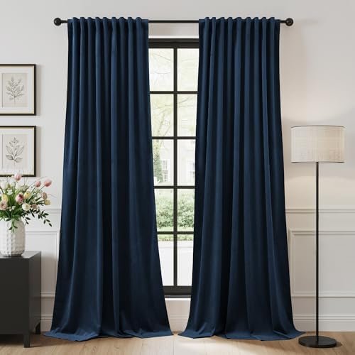 StangH Navy Blue Velvet Curtains Back Tab Blackout, W52 x L108, 2 Panels | 280 GSM velvet with black yarn woven into back layer, Thermal Insulated Window Drapes for Dining Room, Kitchen, Office StangH Navy Blue Velvet Curtains Back Tab Blackout, W52 x L108, 2 Panels | 280 GSM velvet with black yarn woven into back layer, Thermal Insulated Window Drapes for Dining Room, Kitchen, Office