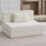 WUTUTUEE Folding Sofa Bed Convertible Floor Couch Foldable Chair Bed with Pillow，Linen Sleeper Chair Futon,Foldable Memory Foam Mattress for Bedroom/Living Room/Dorm/Office (Beige, Standard)